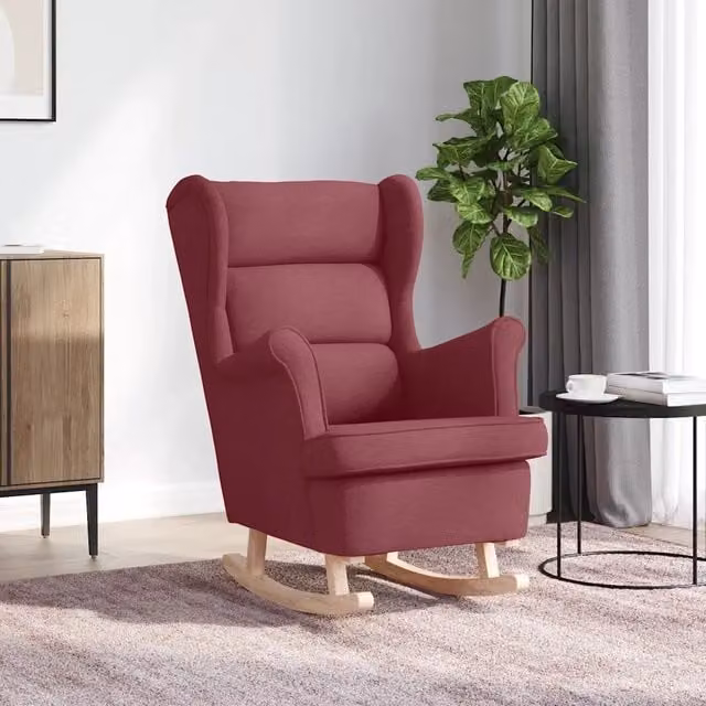 Sedia a dondolo vidaXL in tessuto rosso con braccioli e struttura in legno di gomma L: 74 cm, P: 90 cm, H: 102 cm