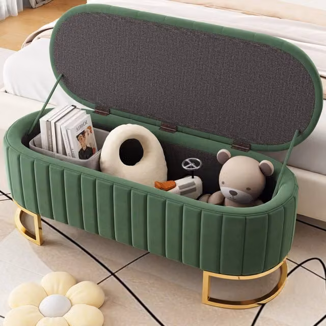 Panca contenitore multifunzione OKWISH in velluto verde con gambe in metallo per soggiorno e camera da letto
