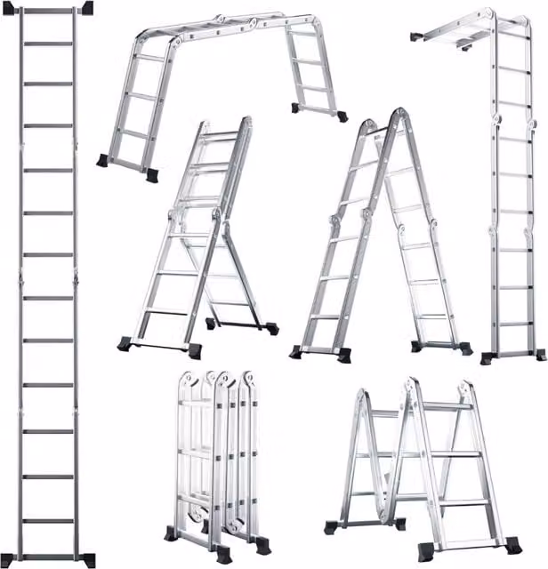 Scala multifunzione allungabile DESIGN IN in alluminio color argento con pioli e piedini antiscivolo, Altezza massima: 370,5 cm