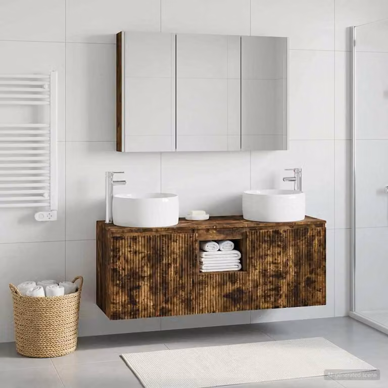 Set di mobili da bagno moderno vidaXL composto da 4 pezzi in legno ingegnerizzato color rovere marrone con illuminazione LED e armadi a muro