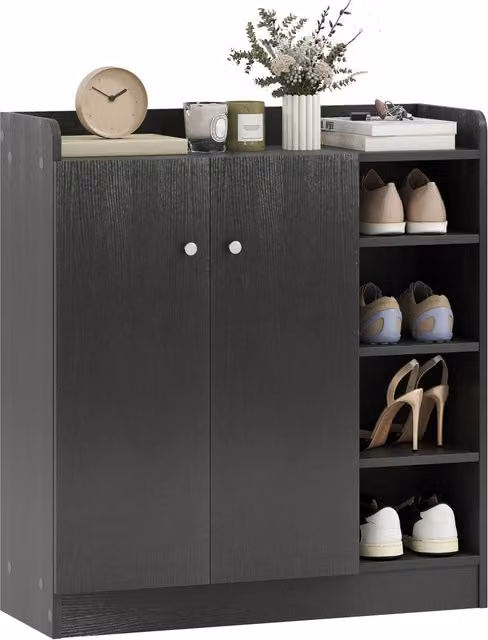 Scarpiera XYLO con ante e ripiani aperti in legno nero, L: 83 cm, P: 30 cm, H: 90 cm