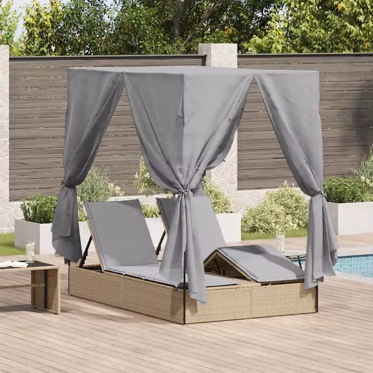 Lettino da sole doppio moderno vidaXL in polyrattan grigio e beige con parasole e poggiatesta regolabile