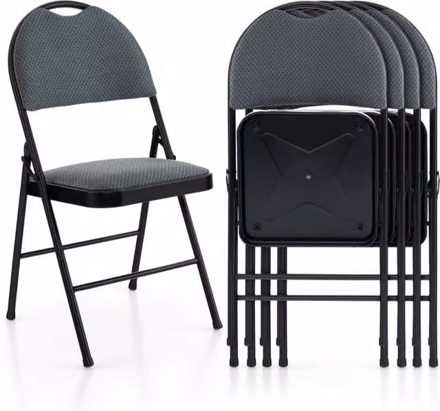 Set di 4 sedie pieghevoli moderne con seduta imbottita in tessuto e struttura in metallo, Grigio opaco
