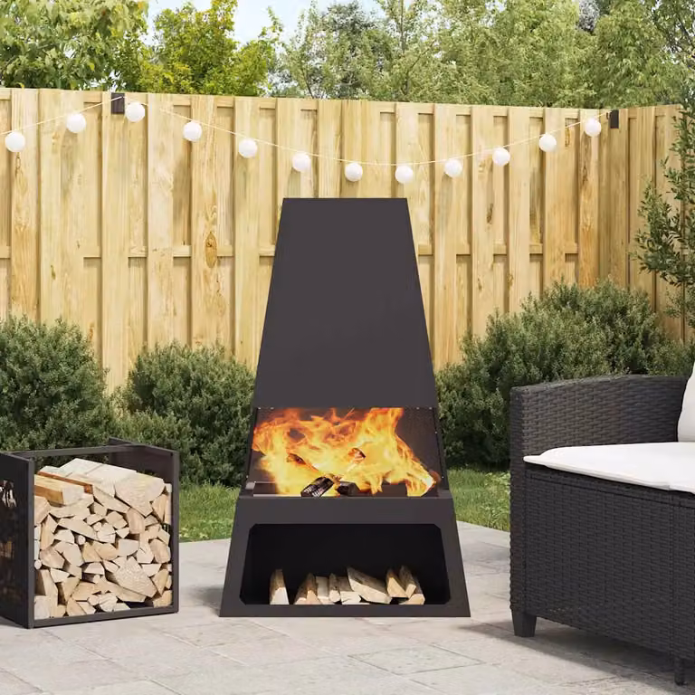 vidaXL Chiminea in acciaio resistente alle intemperie con piano di fuoco nero e dettagli in legno L: 100,0 cm, P: 60,0 cm, H: 35,0 cm
