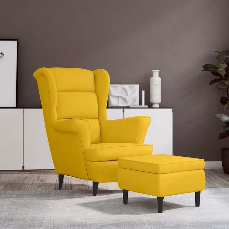 vidaXL Poltrona Schienale ad Ala con Poggiapiedi in Velluto Giallo Senape, L: 96.5 cm, P: 78.0 cm, H: 90.0 cm