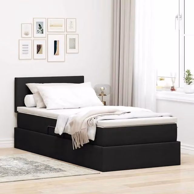 vidaXL Letto con contenitore, illuminazione LED e porta USB in tessuto nero, L/P/H: 200 x 90 x 88 cm