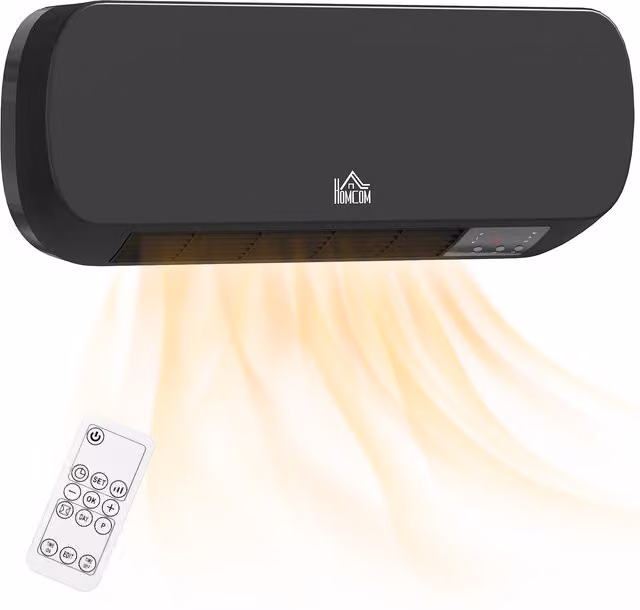 Stufa Elettrica a Parete HOMCOM in Ceramica con Telecomando e Timer, Nero