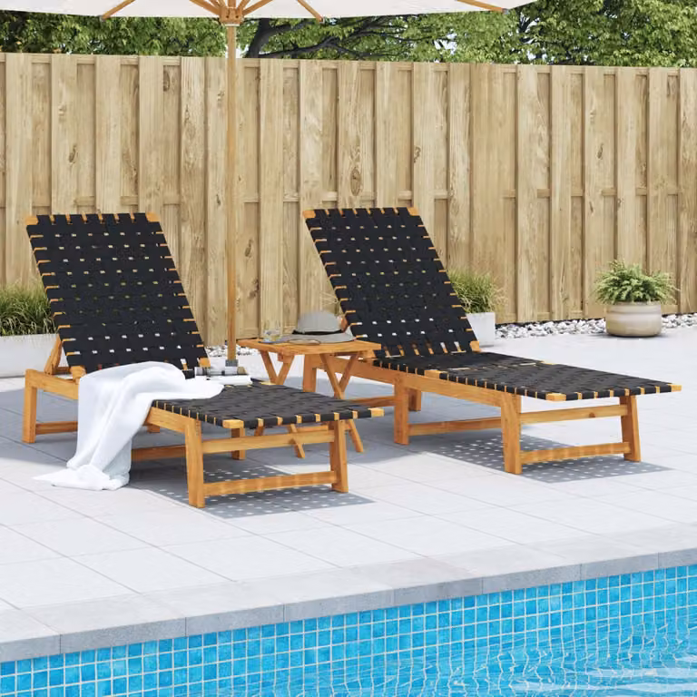 Set di 2 lettini prendisole vidaXL in legno di acacia oliato e tessuto nero e marrone con poggiatesta regolabile per giardino e terrazza