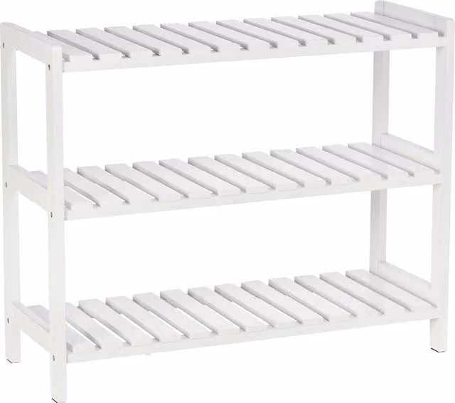 Scarpiera HOMCOM a 3 livelli in legno di pino con ripiani a listelli, Bianco, L: 70 cm, P: 26 cm, H: 57,5 cm