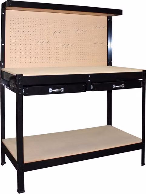 Tavolo da lavoro Labor con pannello forato e 2 cassetti in metallo e legno, colore nero