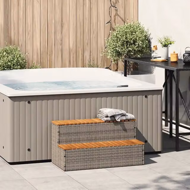 Bordo per Vasca Idromassaggio Videx in Polyrattan e Legno di Acacia Grigio L: 100 cm, P: 50,5 cm, H: 50 cm