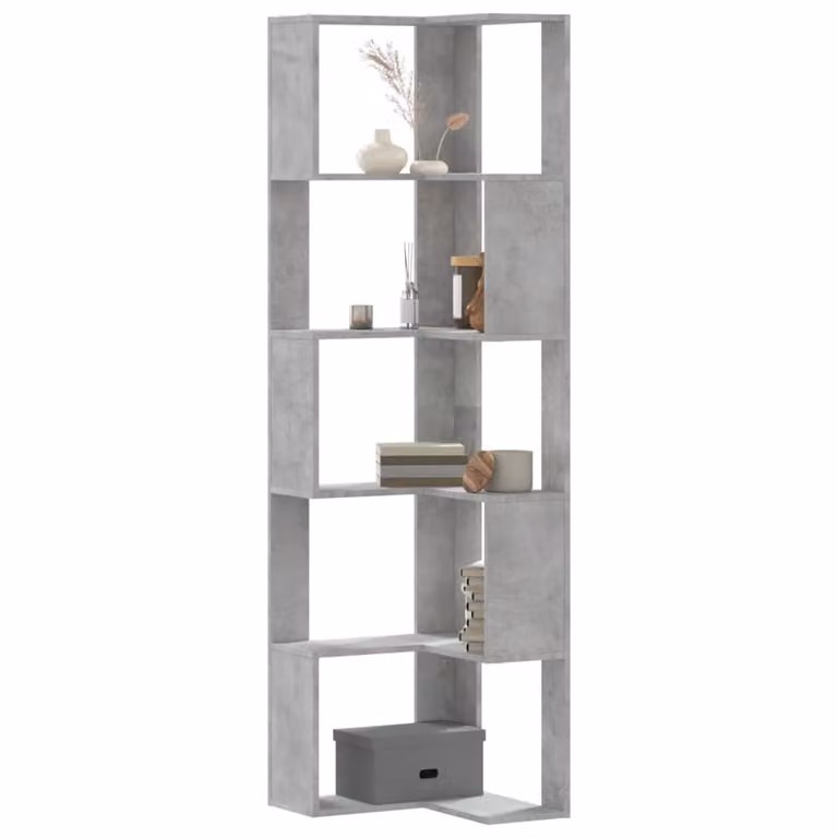 Libreria Angolare vidaXL con 5 Ripiani in Legno e MDF, Grigio Cemento, L 50 x P 50 x H 179 cm