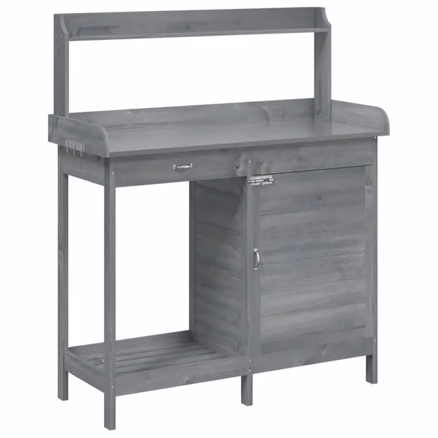 Tavolo da giardinaggio con armadietto in legno massello grigio, design moderno, L: 110,5 cm, P: 45 cm, H: 124,5 cm