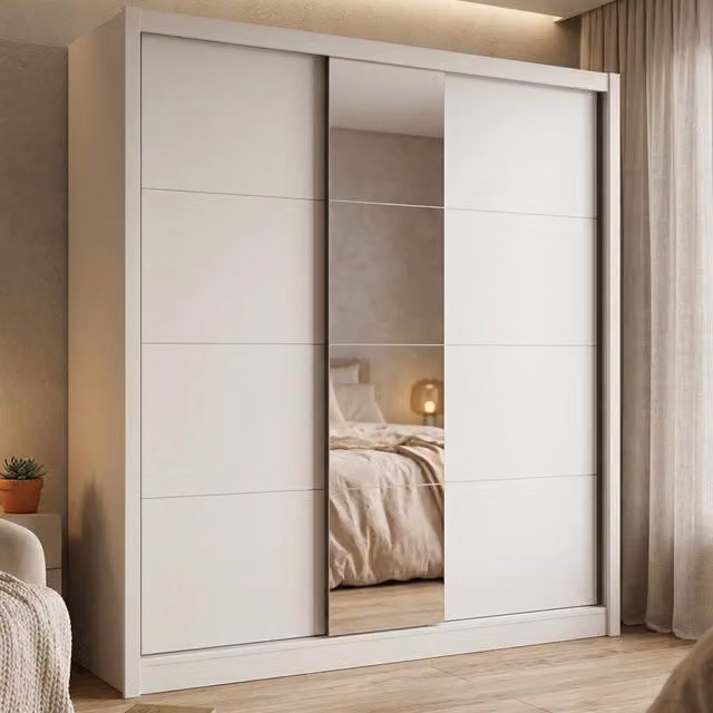Armadio da camera da letto Orero DMORA con ante scorrevoli, specchio e illuminazione LED, Bianco e Beige, L: 205 cm, H: 216 cm, P: 205 cm