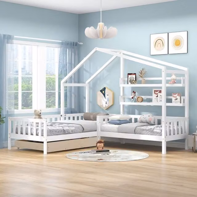 Letto per bambini Home Enjoy DE con struttura a L, cassetti e scaffali, Bianco, L/P/H: 200 x 90 x 183 cm + 140 x 70 cm
