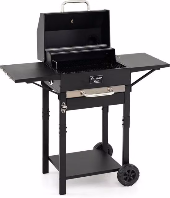 Barbecue a carbonella Design In in acciaio smaltato nero con tavolini laterali, termometro e 2 ruote per campeggio e picnic