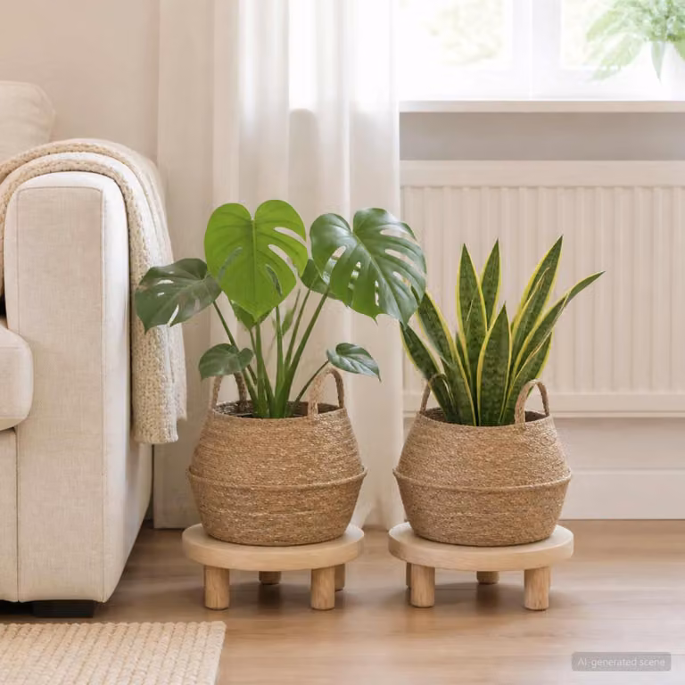 Set di 2 vasi da fiori con manici vidaXL in rattan, colore beige e marrone, Ø 45 x H 36 cm