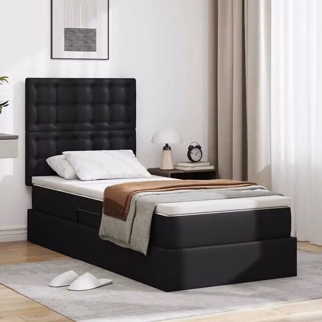 Letto con contenitore vidaXL in pelle sintetica nera con illuminazione LED e porta USB, L/P/H: 190 x 90 x 128 cm