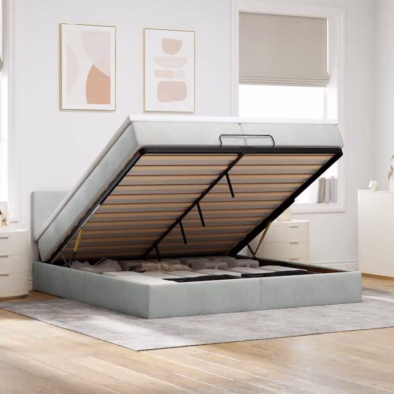 Letto con Pouf e Materasso vidaXL in Velluto Grigio e Bianco, con Base a Sollevamento, Illuminazione Sotto il Letto e Porte USB, L 200 x P 200 x H 280 cm