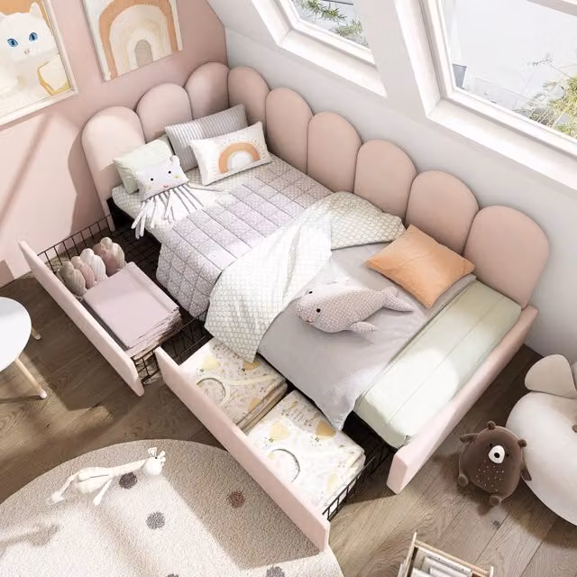 Daybed REDOM in velluto rosa con 2 cassetti e struttura imbottita L/P/H: 190 x 90 x 76 cm