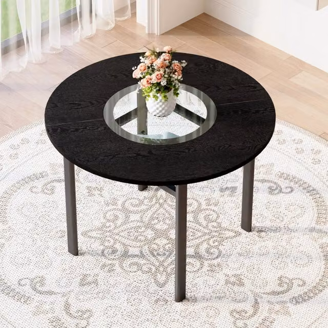 Tavolo da pranzo rotondo MIVRAY con inserto in vetro grigio e ripiano inferiore in MDF e metallo nero, Diametro: 100 cm