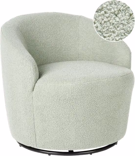 Poltrona Beliani in tessuto bouclé verde chiaro con schienale curvo, base girevole 360° e dettagli dorati in stile Art Deco