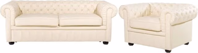 Set soggiorno Beliani in stile Chesterfield con divano a 3 posti e poltrona in pelle beige con gambe in legno