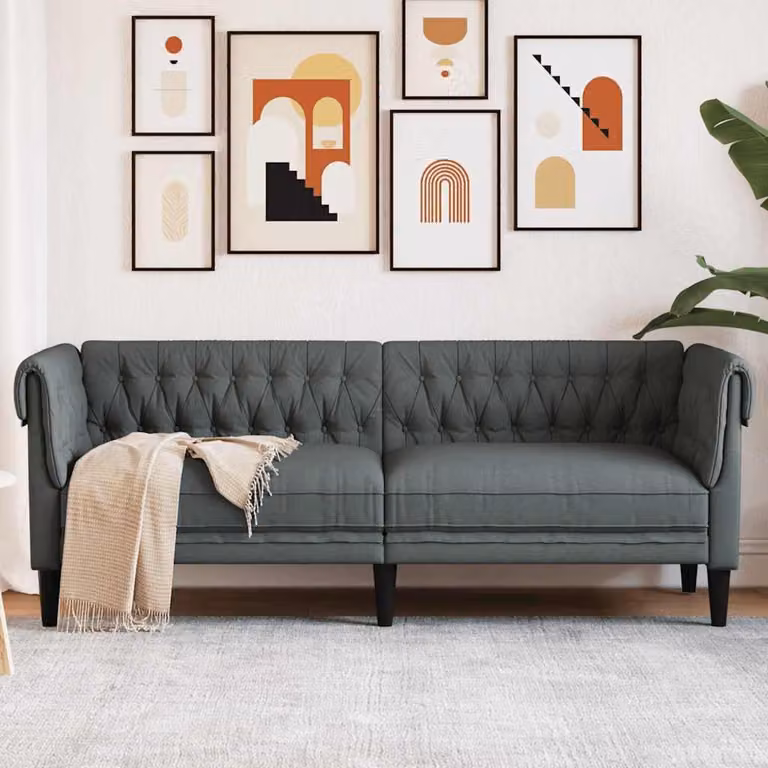 vidaXL Divano Chesterfield a 3 Posti in Tessuto Grigio con Struttura in Legno Massello L: 201,5 cm, P: 74,5 cm, H: 74,5 cm