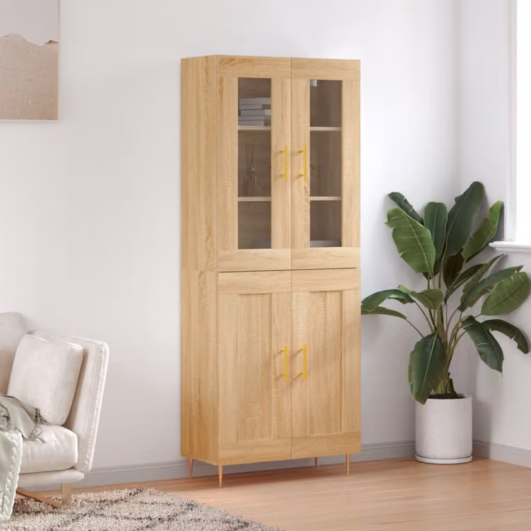 Credenza moderna vidaXL in legno e vetro color rovere, L: 69,5 cm, P: 34 cm, H: 180 cm