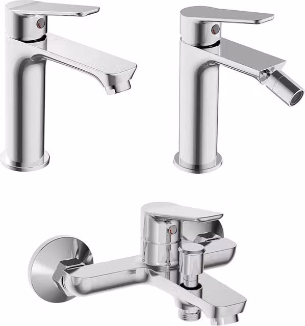 Set di rubinetteria per lavabo, bidet e vasca linea Vegas in ottone con finitura cromata e piletta click clack