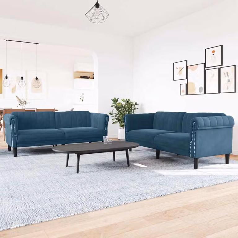 Set di divani vidaXL in velluto blu composto da un divano a 2 posti e un divano a 3 posti con struttura in legno massiccio e cuscini inclusi