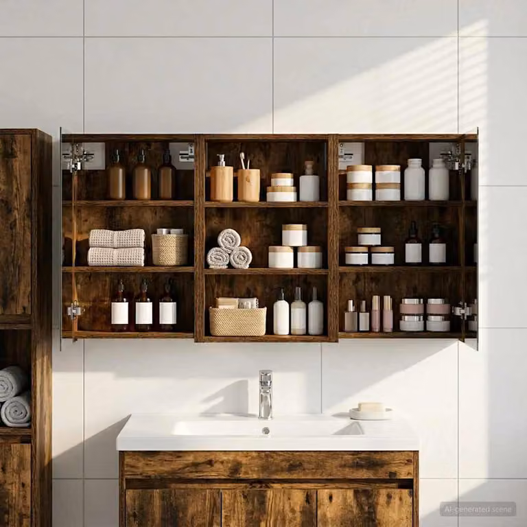 Set di 3 armadi da bagno moderni vidaXL in legno marrone con specchio e illuminazione LED, L/P/H: 120 x 10,5 x 60,5 cm