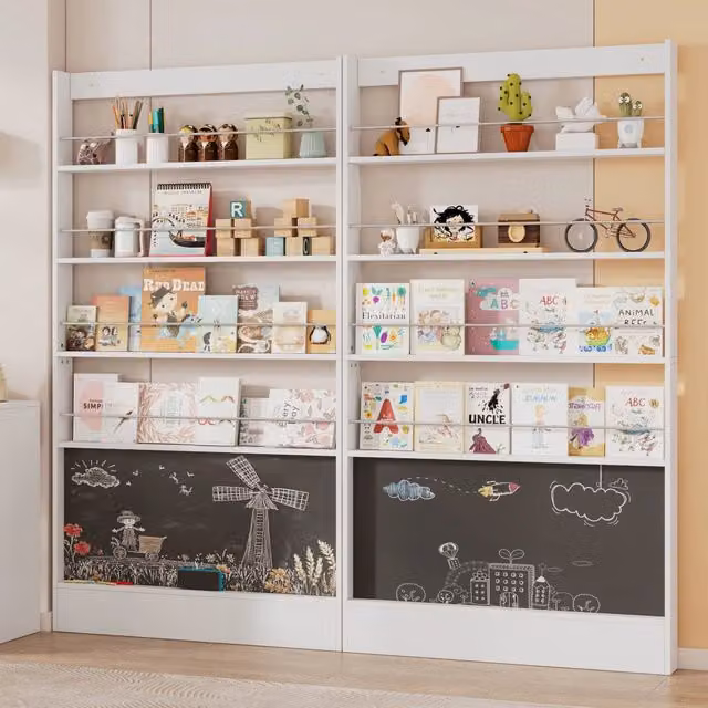 Libreria doppia salvaspazio WISHDOR bianca e nera con lavagna, ideale per cameretta o soggiorno, L: 100 cm, P: 10 cm, H: 180 cm
