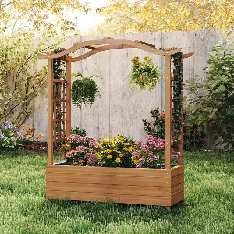 Letto da giardino rialzato Costway in legno marrone con tetto sospeso e 2 tralicci laterali per giardino, terrazzo o balcone