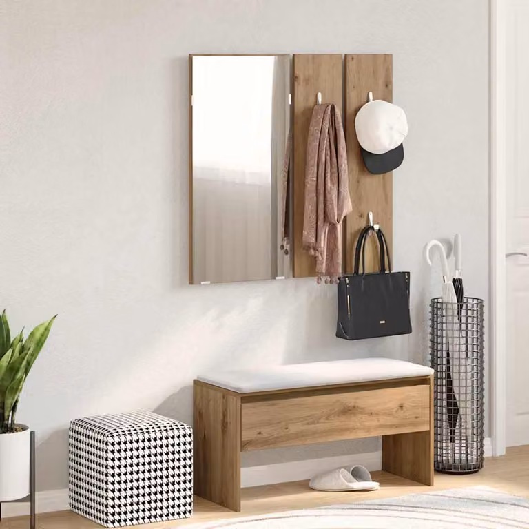 Set di mobili da corridoio scandinavo vidaXL in legno color rovere con panca, specchio e porta scarpe, marrone