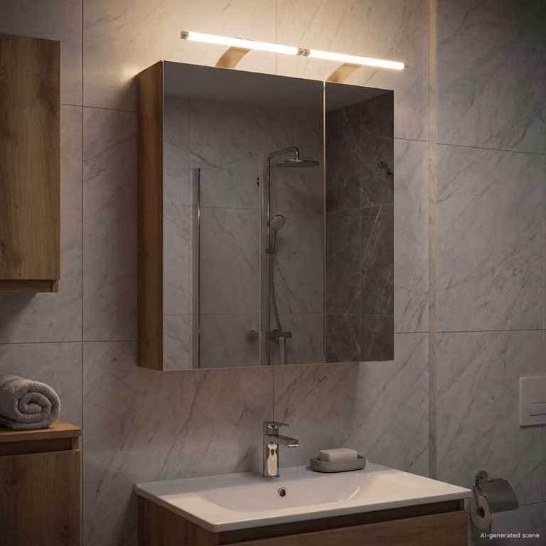 Mobiletto per specchio da bagno vidaXL con illuminazione LED integrata e ante in vetro, Marrone, L: 60,0 cm, H: 70,0 cm, P: 14,5 cm