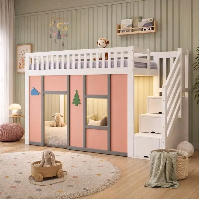 Letto a soppalco basso per bambini MODFU con scala contenitore e illuminazione LED, bianco e rosa, L/P/H: 200 x 90 x 142 cm