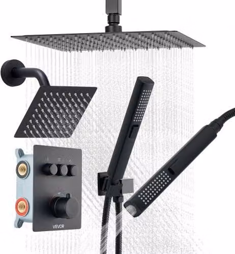 Set Doccia VEVOR con Sistema a Pioggia da 30,4 cm, Soffione a Parete, Doccetta e Termostato, 3 Funzioni, Finitura in Ottone e Acciaio Inox, Nero Opaco