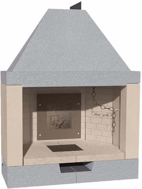 Camino a legna prefabbricato Marsicamin con focolare aperto in ceramica refrattaria, modello angolare, colori nero e grigio