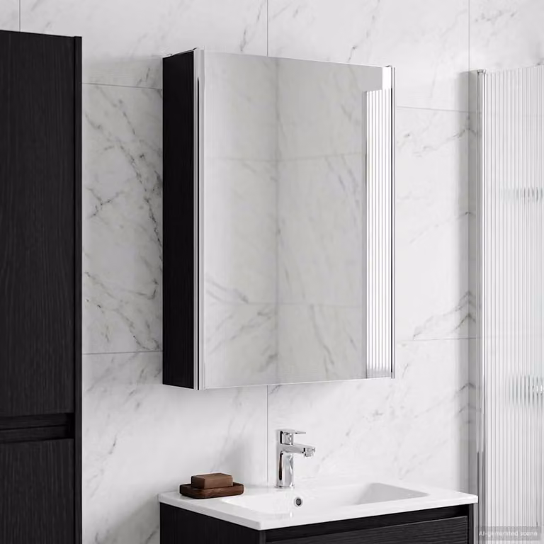 Mobiletto per specchio da bagno moderno vidaXL con illuminazione LED e specchio, Rovere e Nero, L: 53,5 cm, P: 15,5 cm, H: 70 cm