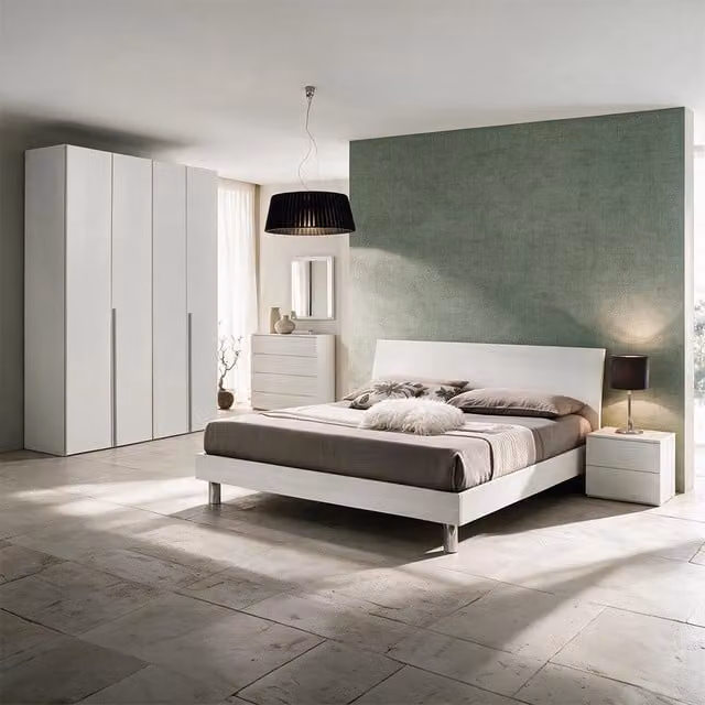 Camera da Letto Completa Urano Moderna in Legno Bianco con Armadio, Comò, Letto, Comodini e Specchio