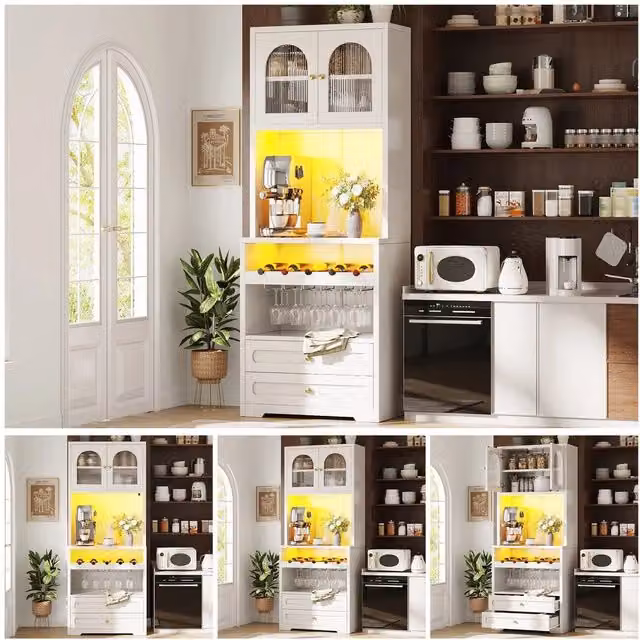 Armadio alto Minimal bianco con ante in vetro, illuminazione LED, porta vini e ripiani regolabili per soggiorno o sala da pranzo, L/P/H: 40 x 37 x 180 cm