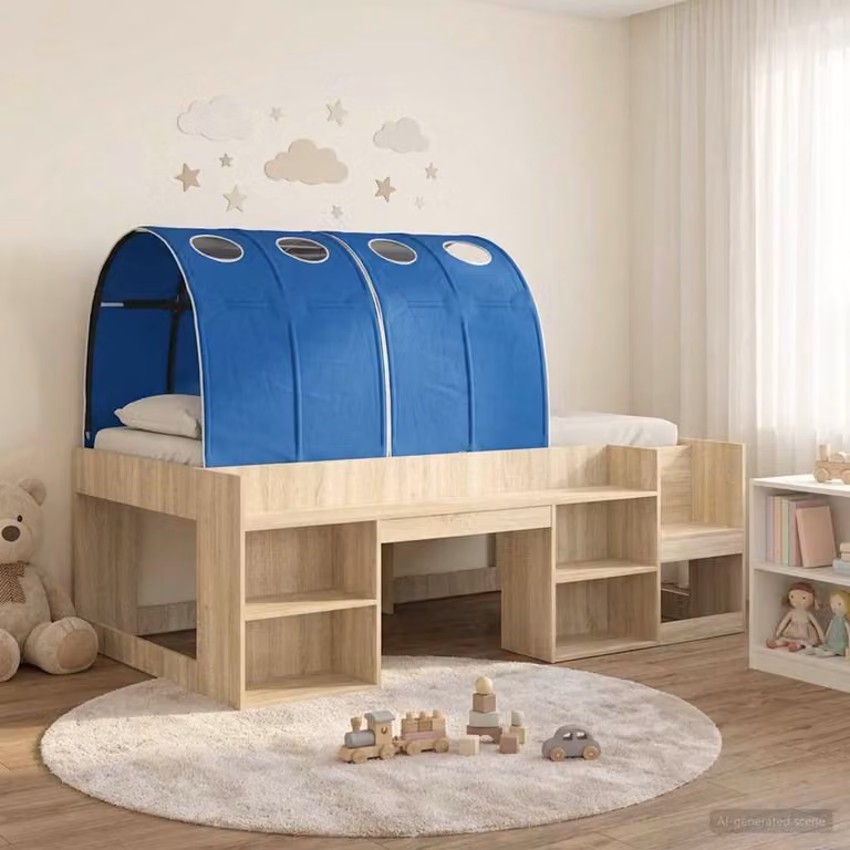 Letto per bambini con tunnel vidaXL in legno ingegnerizzato, Rovere e Blu, L: 120 cm, P: 203 cm, H: 108,5 cm