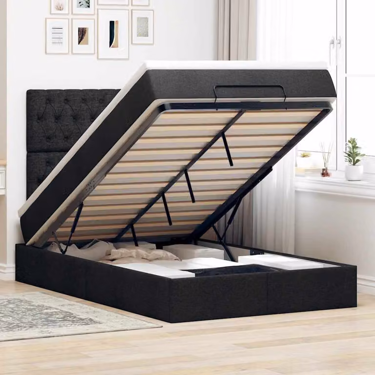 vidaXL Struttura Letto con Materasso e Contenitore a Sollevamento, Tessuto Nero e Bianco, L/P/H: 200 x 120 x 40 cm