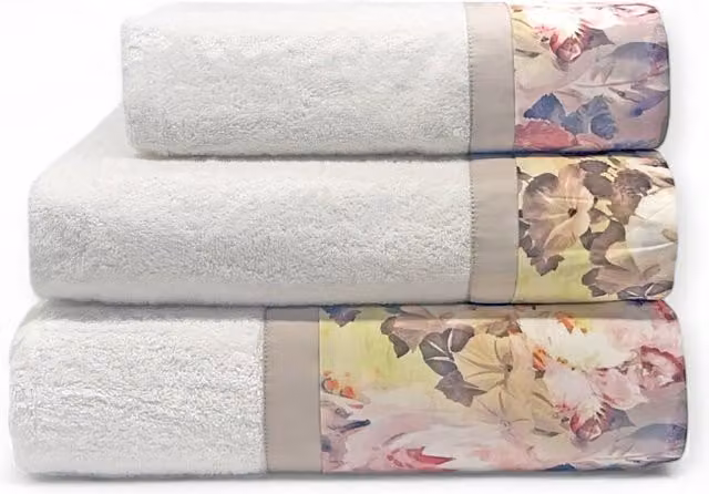 Set di 3 asciugamani Flora Ipersan in cotone bianco con motivo floreale e bordo decorativo