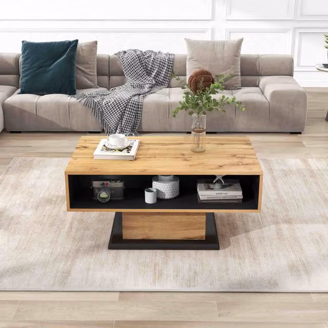 Tavolino Aosom in rovere venato con cassetto e contenitore bifacciale, grigio scuro e marrone, ideale per soggiorno o ufficio, L: 60 cm, P: 60 cm, H: 47 cm