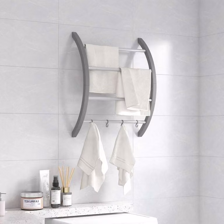 Portasciugamani con ganci vidaXL in alluminio e plastica, colore argento, da appendere al muro, L: 56 cm, P: 16 cm, H: 72 cm