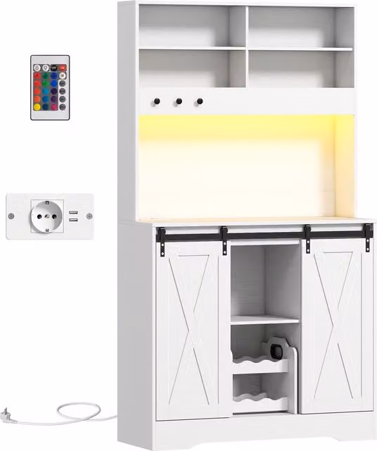 Credenza Cucina HOMCOM Bianca con Ante Scorrevoli, Luce LED, Portabottiglie e Prese Elettriche, L/P/H: 100 x 38 x 180 cm