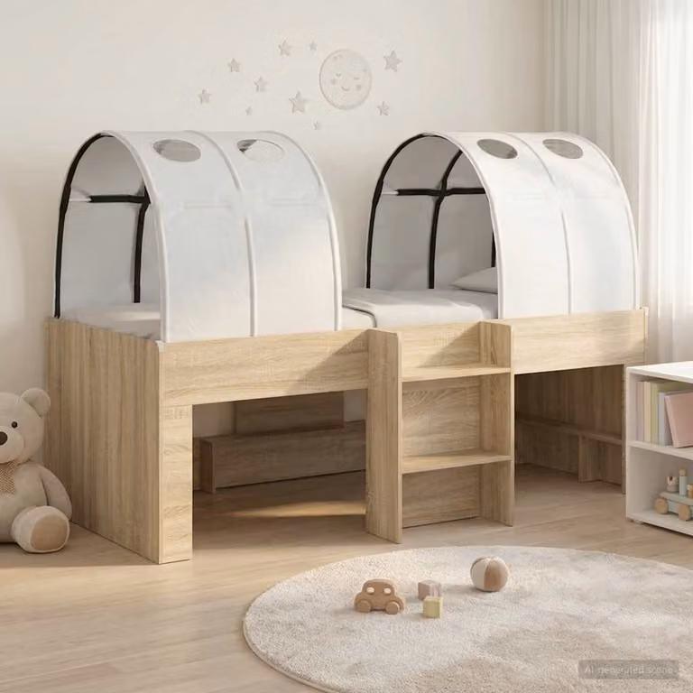 Letto alto per bambini vidaXL con struttura a casetta e tunnel, bianco e beige, L: 203 cm, P: 120 cm, H: 111 cm