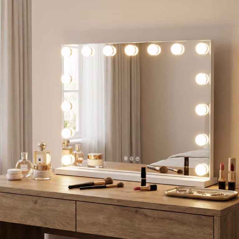Specchio da trucco Hollywood Costway con luci LED regolabili e controllo touch, bianco, L: 58 cm, H: 58 cm, P: 12 cm